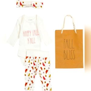NWT in plastic 4 pc Rae Dunn pant set w/headband and gift bag size 3-6 months.